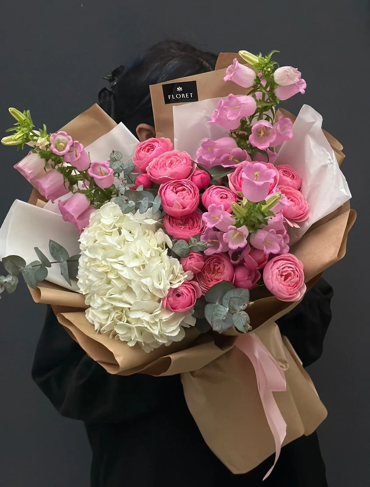 Микс букет из кустовых роз Pink Silva, Гортензии и Кампанулы